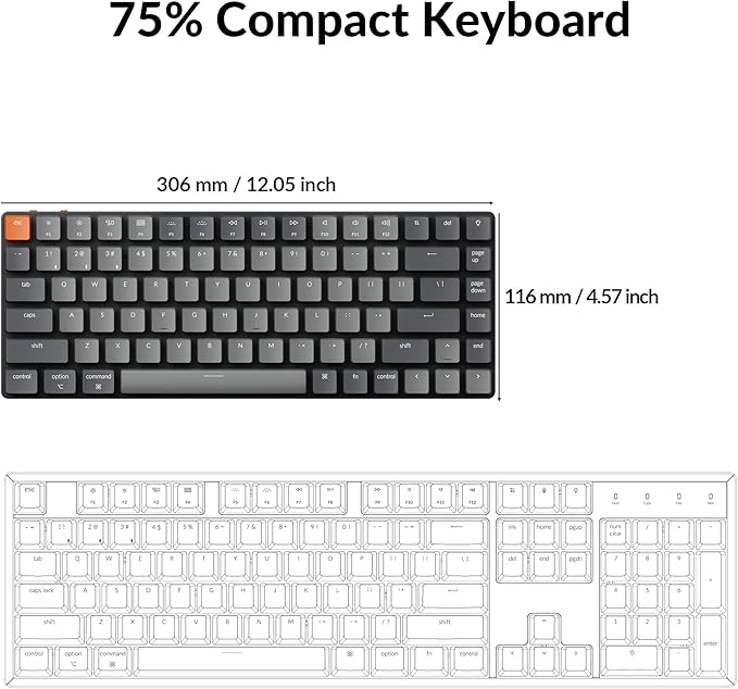 Keychron K3 Version 2, 84 Keys Ultra-Slim Wireless Bluetooth/USB Wired Mechanical Keyboard with White LED Backlit, Low-Profile Keychron Mechanical Brown Switch Compatible with Mac Windows