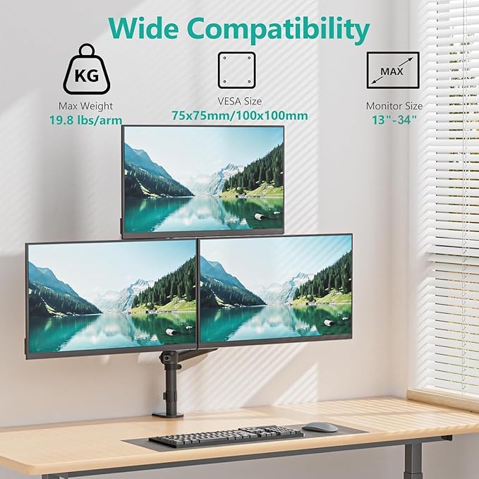 WALI Triple Monitor Mount for 13-34 inch Screens, Full Adjustable 3 Monitors Desk Mount with Clamp & Grommet Base, Triple Monitors Arm, up to 19.8lbs Each, VESA 75x75 100x100 mm (GSDM003XL), Black