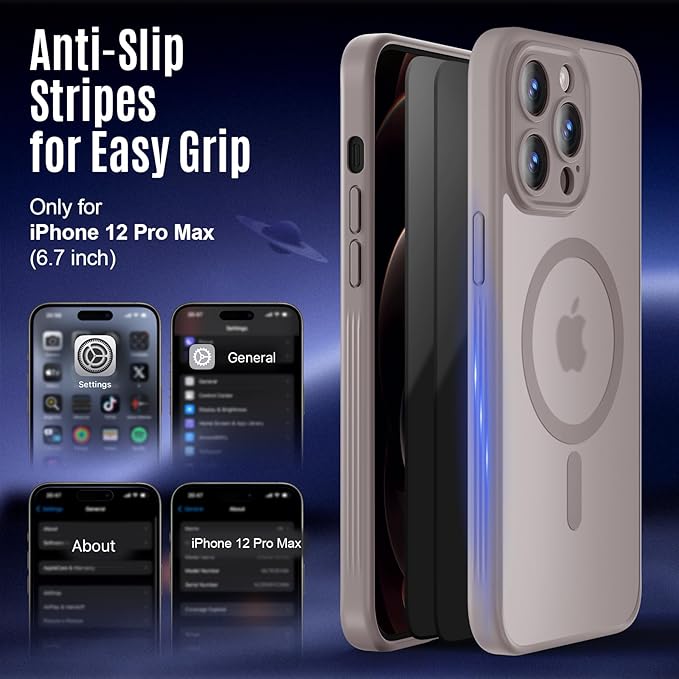 Symcele Designed for iPhone 12 Pro Max Case, Compatible with MagSafe, with Privacy Screen Protectors X2, [Camera Protection] [15FT Drop Protection] Shockproof Phone Case, 6.7", Natural Titanium
