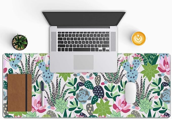 Extensive Gaming Mouse Mat - Succulents & Cacti Design, 31.5 x 11.8 - Non-Slip Base & Stitched Edge