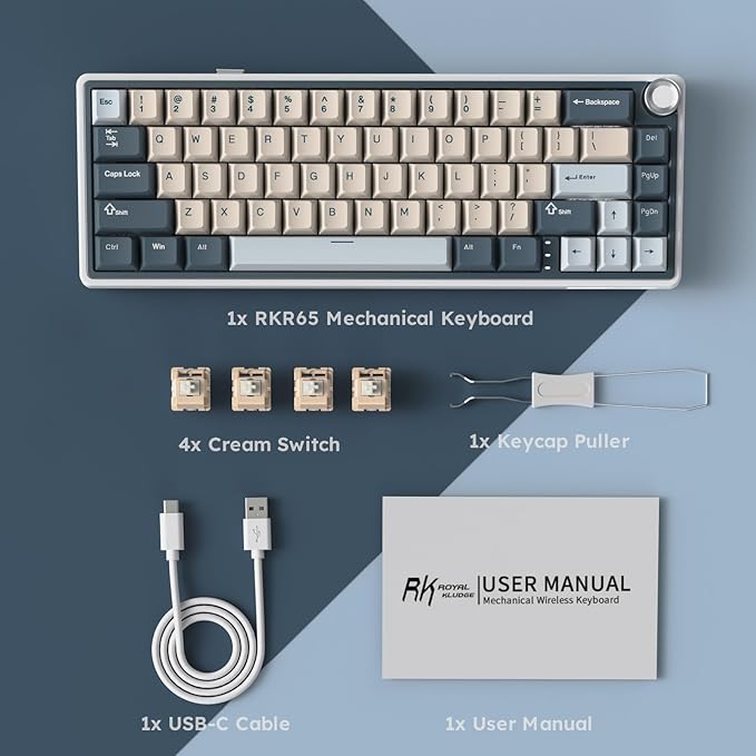 RK ROYAL KLUDGE R65 Wireless Mechanical Keyboard with Volume Knob, Tri-Mode 2.4G/USB-C/BT Gasket Mounted 60% Gaming Keyboard with 66Keys, PBT Keycaps, QMK/VIA, Hot Swappable Cream Switch, Blue