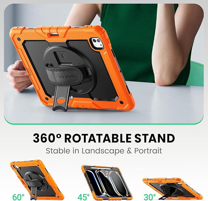 SEYMAC Case for iPad Pro 13 Inch M5 2025 / M4 2024, Heavy Duty Shockproof Protective Case with Screen Protector, 360° Rotating Stand, Hand/Shoulder Strap and Pen Holder, Orange