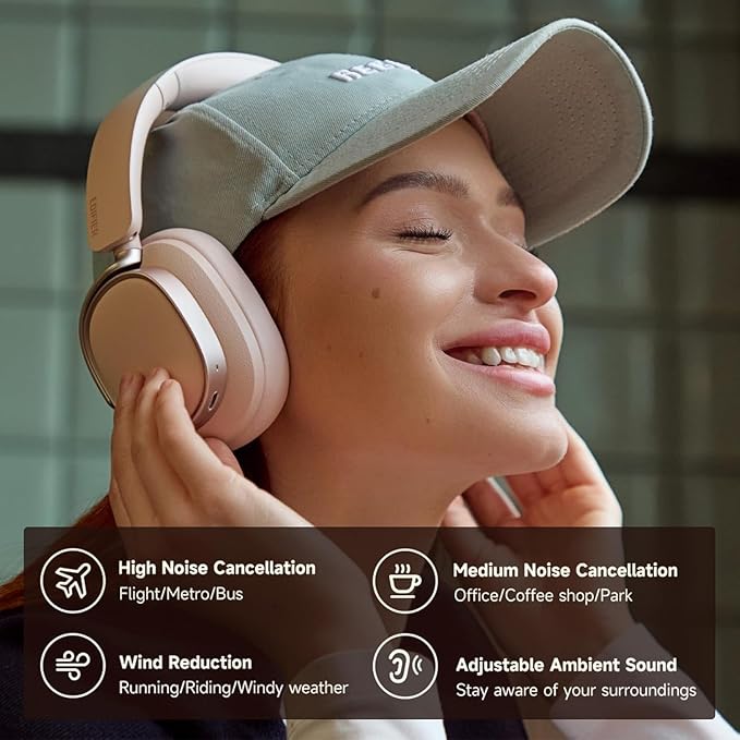 Edifier ES850NB Active Noise Cancelling Headphones, Over Ear Bluetooth Headset, 92H Playtime Wired & Wireless Hi-Res Audio Certified, Fast Charging Clear Calls for Home Office Travel (Pink)