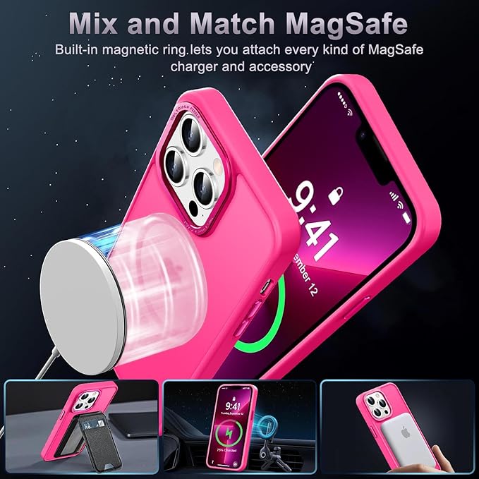Newfuture Designed for iPhone 13 Pro Max Case with Magnetic [13 FT Military Drop Protection] [Compatible with Magsafe] Slim Translucent Matte Shockproof with Anti-Fingerprint Phone Case, Hot Pink