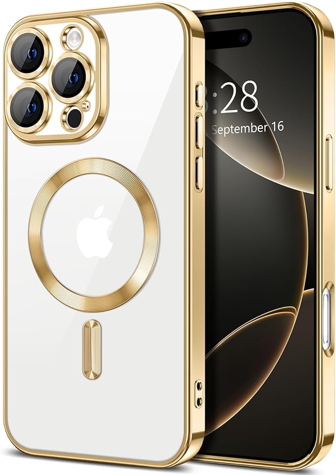 Hython Magnetic Clear for iPhone 16 Pro Max Case with Camera Lens Protector [Compatible with MagSafe] Plating Edge Slim Soft TPU Cover Protective Phone Case for iPhone 16 Pro Max 6.9", Gold