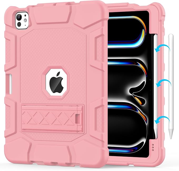 Case for iPad Pro 11 Inch Case (M5 2025/ M4 2024) with Pencil Holder, Built-in Stand, Military Grade Shockproof Protective Cover for iPad Pro 11" (Rose Gold)
