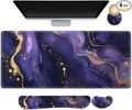 Large Gaming Mouse Pad Set, 4 in1 Ergonomics Keyboard Desk Mat with Memory Foam Wrist Rest, Extended Game Mousepad, Non-Slip Desk Pad Matt Easy Typing Pain Relief I Purple Golden Marble