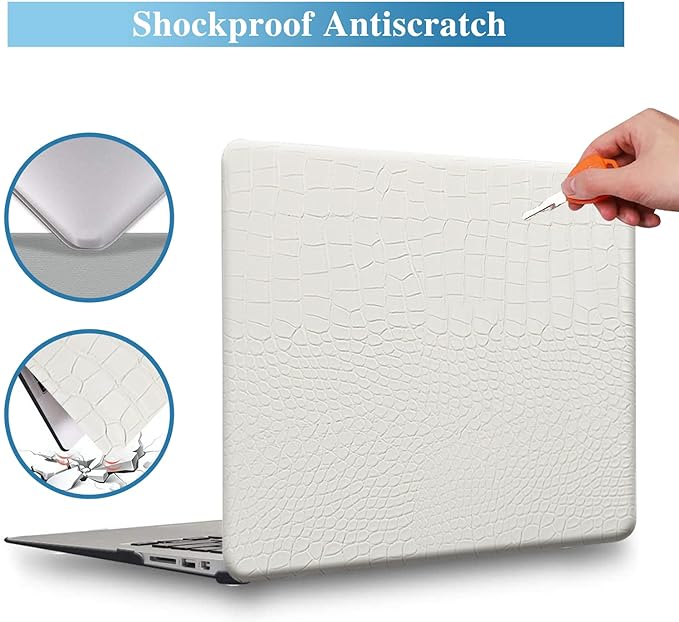 Compatible with Crocodile MacBook Air 13 inch Case 2021 2020 2019 2018 M1 A2337 A2179 A1932, Textured Elegant Luxury Aligator Skin Snakeskin PU Leather Hard Shell & Keyboard Cover, White