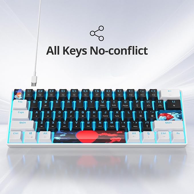 Protable 60% Percent Gaming Keyboard Mechanical, Mini Compact Ice-Blue LED Backlit 61 Keys Wired Office Keyboard with Red Switch for Mac/Win/PS4/PS5(61Black/red Switch)