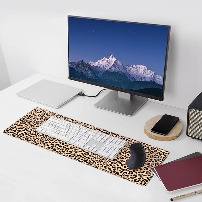 Leopard Animal Print XL Large Mouse Pad with Stitched Edges Long Non-Slip Rubber Base Mousepad Cheetah Laptop Keyboard Mat Desk Pad for Office Home Desk Decor, 31.5" X 11.8"