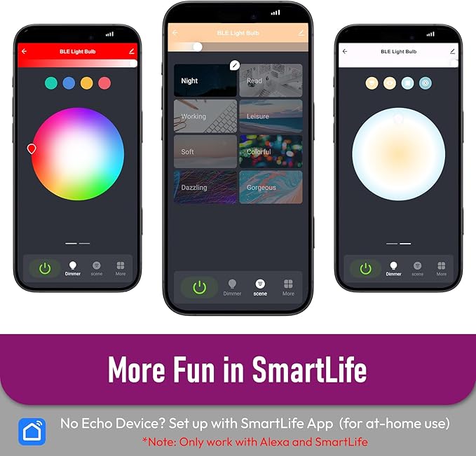 Alexa Light Bulbs, Smart Light Bulbs RGBCW Color Changing, A19 E26 Bluetooth Light Bulb Directly Compatible with Alexa/Smart Life, No WiFi Required, 9W 800LM 60W Equivalent, 6 Pack