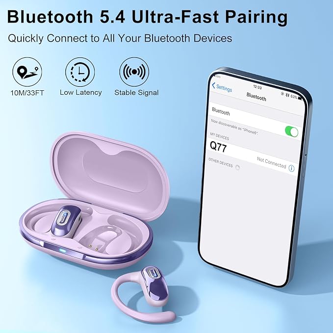Open Ear Headphones, Bluetooth 5.4 Earbuds, 50H, Air Conduction Ear buds, HD Stereo Bass Over Ear Earphones with Earhooks, Ultra-Comfort Secure, IPX7 Waterproof Headset for Working Sports, Purple