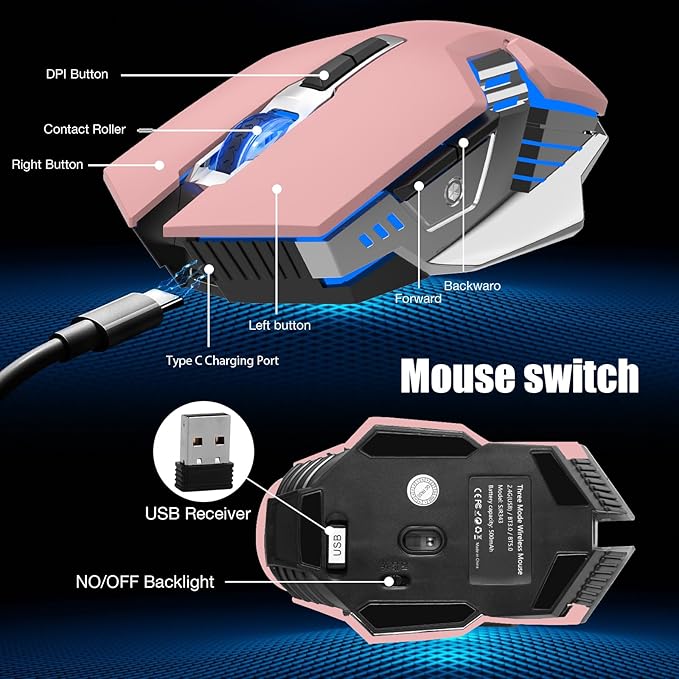 Bluetooth Wireless Gaming Mouse, RGB Rechargeable USB Wireless Mouse, Quiet Click, LED Backlit, Ergonomic, with Side Button, DPI Adjustable Computer Mice for Laptop PC MacBook Chromebook - Pink