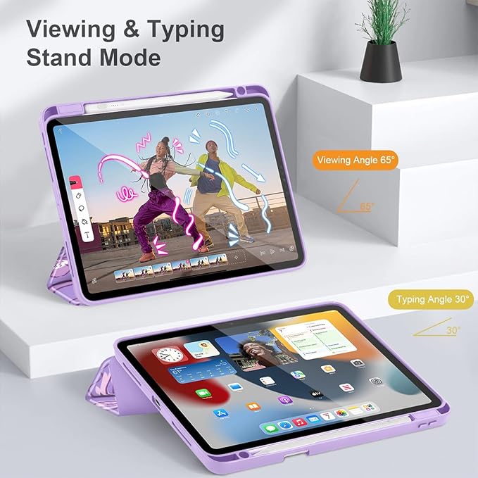 Mektron Case for iPad Pro 11 inch (4th, 3rd, 2nd & 1st Gen) 2022 2021 2020 2018, Buit in Pencil Holder with Shockproof Cover Clear Shell + Auto Wake/Sleep, Flowers-Bows-Purple