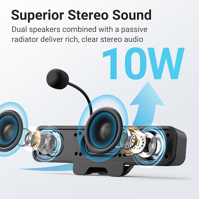 Computer Speakers with Microphone for Desktop PC, USB Monitor Speakers with Clip, Wired Laptop Sound Bar, Stereo & Bass, PC Speaker w/Mic for Meeting/Gaming/Online Learning, Easily Clamps to Monitor