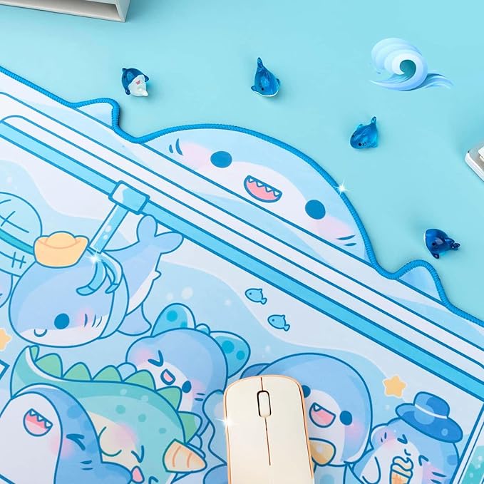 BelugaDesign Shark Desk Pad | Cute Pastel Large Mouse Pad | Cutecore Ocean Switch Anime Keyboard Gaming Mousepad | Machine Washable Nonslip Desk Blotter Protector for Kids Teens and Women (Blue White)