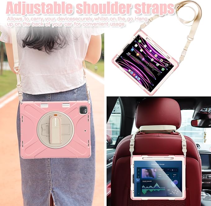 BRAECNstock Case for Apple iPad Air 13 inch (M4/M3/M2)/ iPad Pro 12.9 inch 6th/5th/4th/3rd Gen, Shockproof Protective Case with Pen Holder, 360° Rotating Stand & Hand Strap, Shoulder Strap, Rose Gold