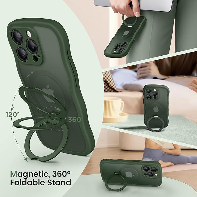 CAPRARO for iPhone 14 Pro Case with 360° Spin Magnetic Stand for Women, [Compatible with MagSafe] [Full Camera Protection] Cute Wave Translucent Matte Case for iPhone 14 Pro,Dark Green