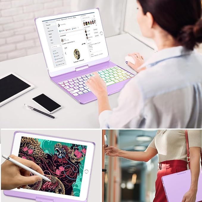 MMK iPad Keyboard Case for iPad 6th Gen 2018, iPad 5th Gen 2017, iPad Pro 9.7, iPad Air 2, iPad Air 1, Backlit 10 Color 360 Screen Rotation iPad Case with Keyboard, Auto Sleep/Wake (Purple)