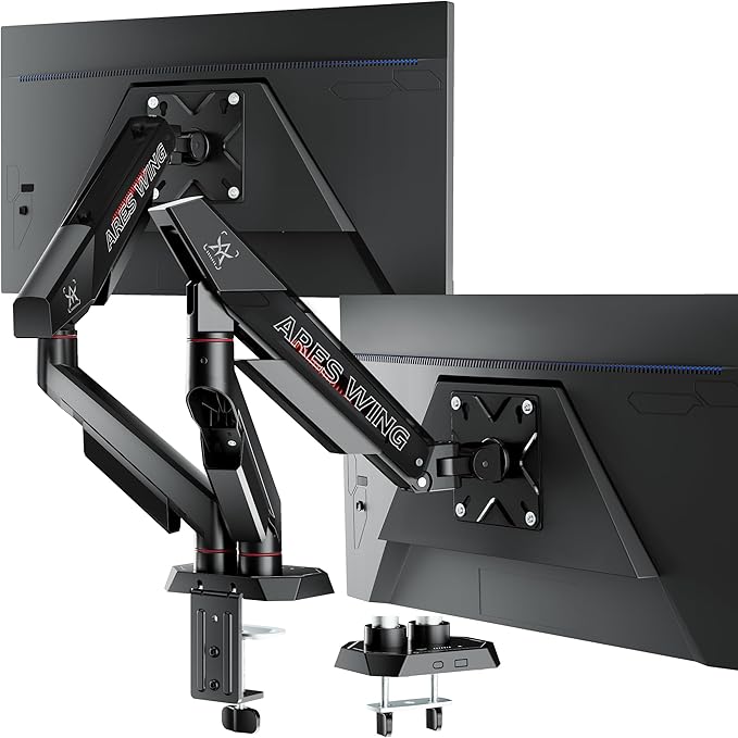ARES WING Dual Monitor Arm for 17-35 Inch Flat Curved Ultrawide Screens Up to 26.5lbs, Fully Adjustable Dual Monitor Mount, C-Clamp & Grommet Base, 75/100 Vesa Mount, Black