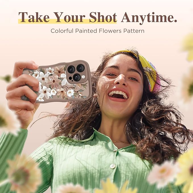 GVIEWIN for iPhone 14 Pro Max Case Compatible with MagSafe [Curly Wave Edge][Full Camera Protection] Floral Translucent Shockproof Magnetic Women Phone Case for 14 Pro Max, Dogwood/Brown