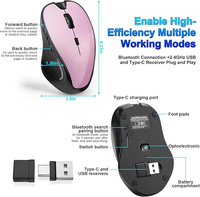 Mouse for MacBook Bluetooth Wireless Mouse Laptop MacBook Air Mac Pro Silent Rechargeable PC iPad Optical Mouse with Jiggler Dual Mode Switch Bluetooth 5.2/3.0 and 2.4GHz USB Type-C Receiver BLUE