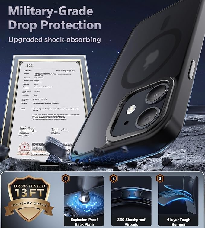 Newfuture Designed for iPhone 12 Case/iPhone 12 Pro Case with Magnetic [13 FT Military Drop Protection] [Compatible with Magsafe] Translucent Shockproof with Anti-Fingerprint Phone Case, Black