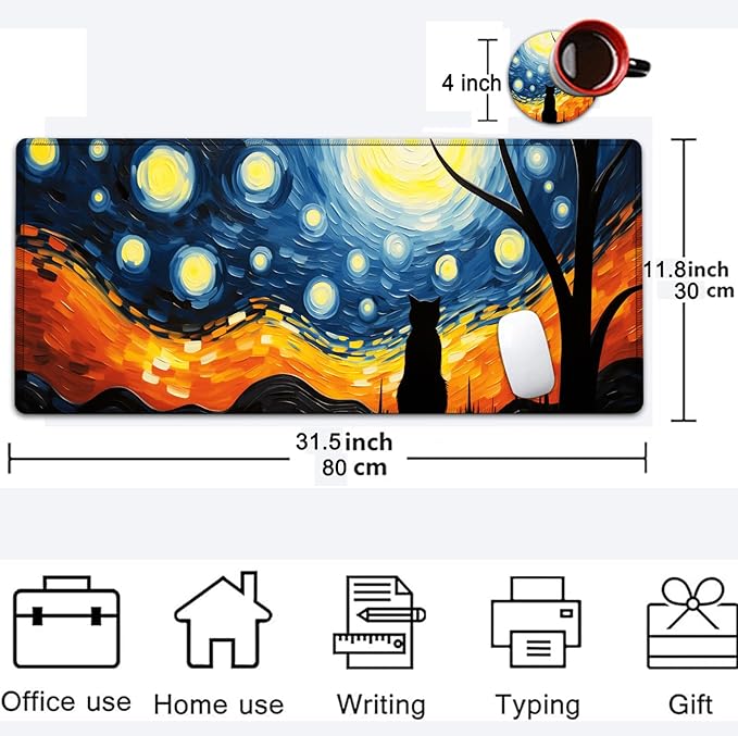 Large Mouse Pad, 31.5 x 11.8in Extended Gaming Mouse Pad with Stitched Edges, XXL Mousepad Protector Non Slip Rubber Base for Office and Home Writing Mat, Funy Starry Night Black Cat Pattern Desk Mat
