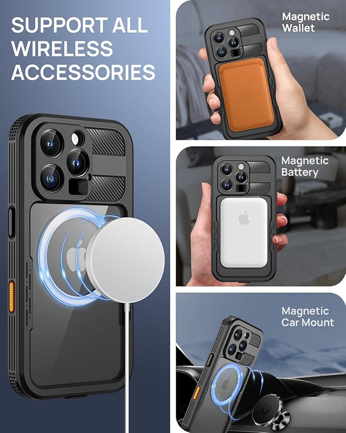 Lanhiem Magnetic for iPhone 16 Pro Case, Built-in Privacy Screen Protector, IP68 Waterproof Dustproof Case, Compatible with MagSafe, Anti-Spy Full Body Phone Case for iPhone 16 Pro 6.3", Black