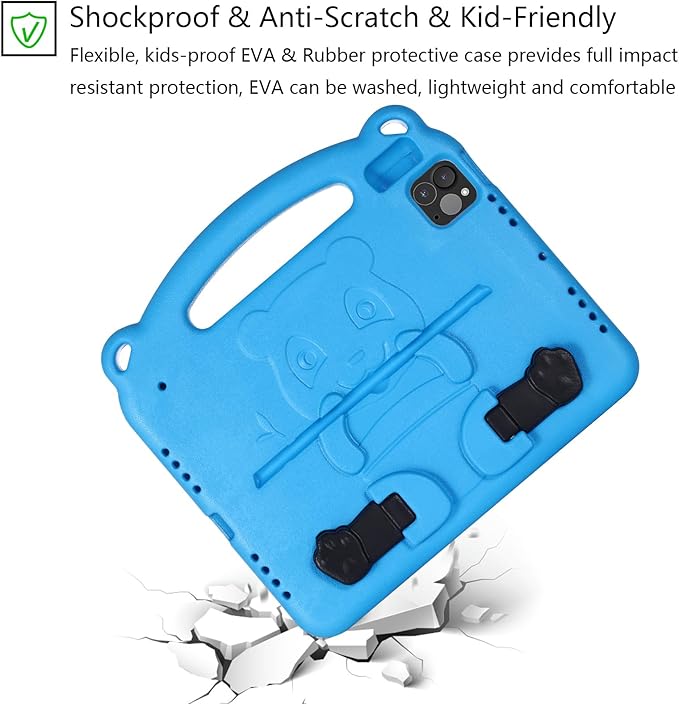 Kids Case for Apple iPad Air 11 inch Tablet (M3 2025/M2 2024), with Kickstand/Handle Slim Lightweight Soft EVA Foam Shockproof Stand Boys Girls Cute Heavy Duty Protection Cover, Blue Panda