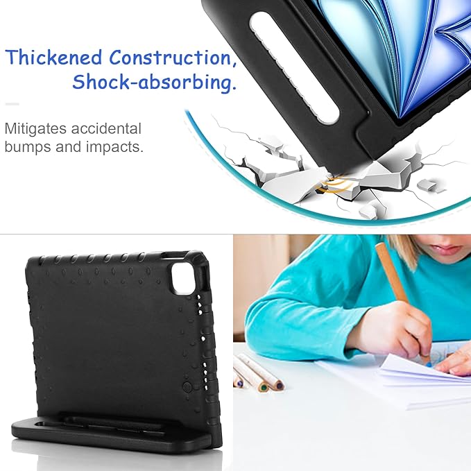 Kids Case for iPad Pro 11" M5/M4 & iPad Air 11" (2026/2025/2024) Shockproof Case with Pencil Holder, Techcircle Light EVA Foam Handle Stand Bumper Protective Child Friendly Drop Proof Cover, Black