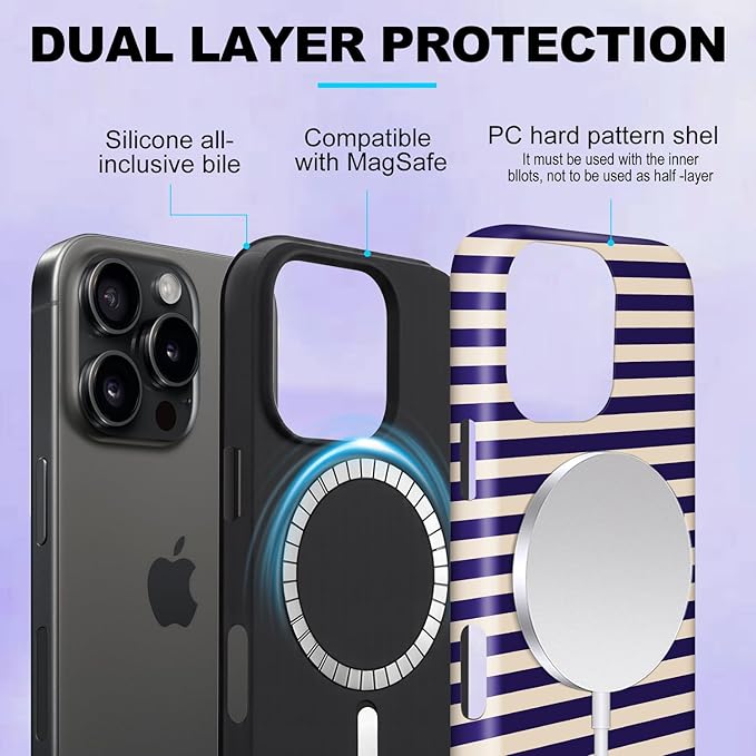Magnetic for iPhone 15 Pro Case Cute Stripes Phone Case, Shockproof Slim TPU and Hard PC Protective Phone Cover Compatible with MagSafe Designed for Women Girls, Blue&Apricot