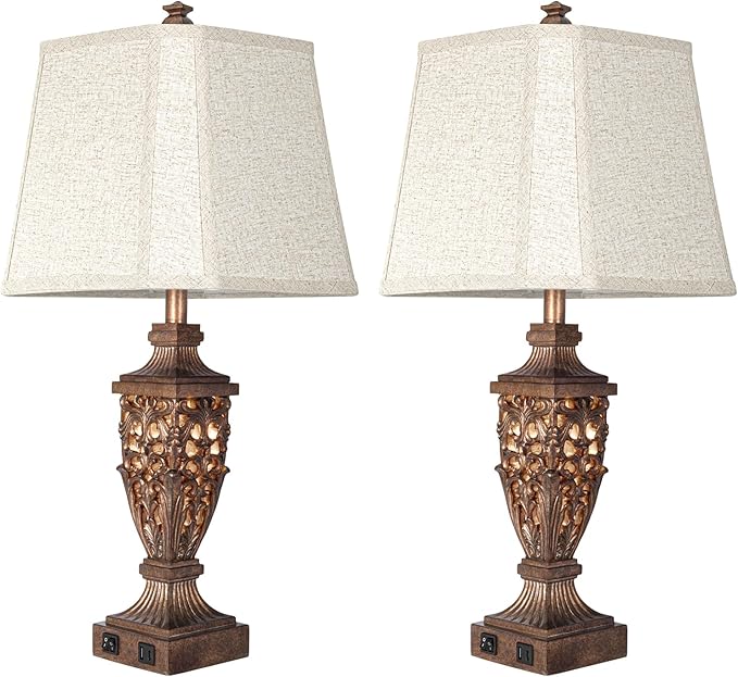 28.5" Vintage Bronze Table Lamps Set Of 2 with Night Light,Lamps for Nightstand with Beige Linen Cut Corner Shade,Bedside Lamp with USB A+C Ports for Bedrooms,Living Room,Office,Hotel(Bulb Included)