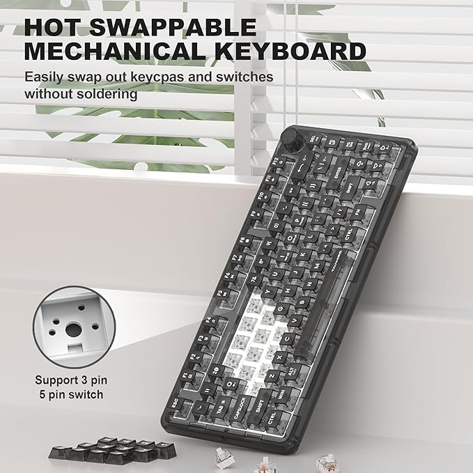 Transparent Mechanical Keyboard, 80-Key RGB Backlit Wireless Gaming Keyboards, Hot Swap Customizable Clear Acrylic Design, Quiet Linear Switches, 3 Modes BT5.0/2.4G/USB-C 4000mAh Battery (Black)
