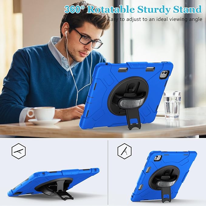 Case for iPad Pro 13 Inch M5 2025/ M4 2024: Military Grade Cover for iPad Pro 13" with Screen Protector - Stand - Handle - Shoulder Strap - Pencil Holder- Blue
