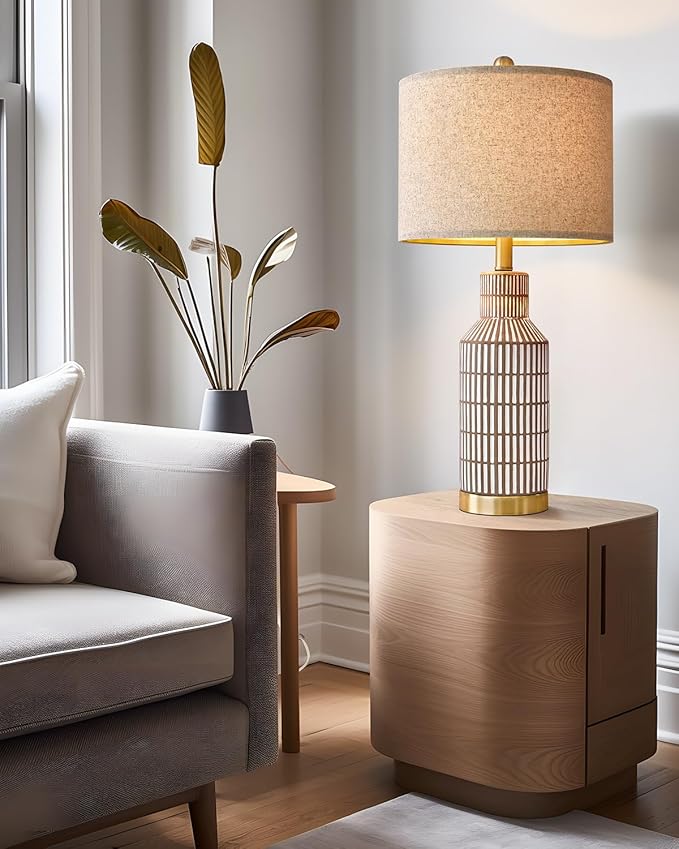 USumkky 25" Table Lamps Set of 2, Modern Ceramic Bedside Lamps - Farmhouse Brown Nightstand Lamps for Bedroom, Boho Living Room End Table & Office Desk Decor