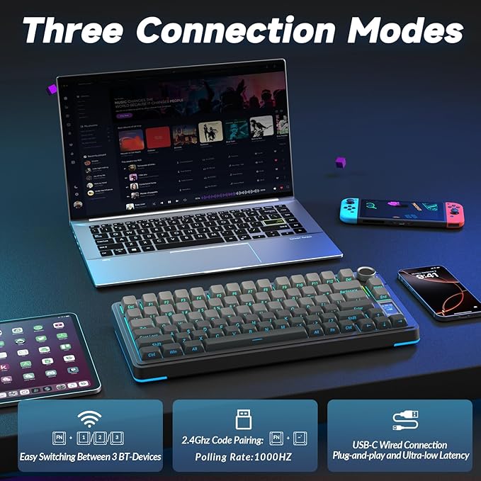 AULA S75 PRO Wireless Mechanical Keyboard with Screen&Knob, Tri-Mode Hot Swappable Gaming Keyboard 75%, Pre-lubed Switches, RGB Backlit, Side Printed PBT Keycaps, Creamy Sounding Computer Keyboards
