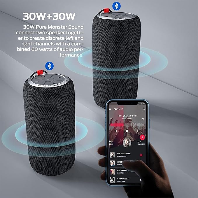 Monster S310 Upgraded Bluetooth Speaker, 30W Portable Speaker, 360° Stereo Sound with Punchy bass, TWS Pairing, IPX6 Waterproof, Bluetooth 5.2, 24H Playtime, Perfect for Home, Outdoor, Beach, Party