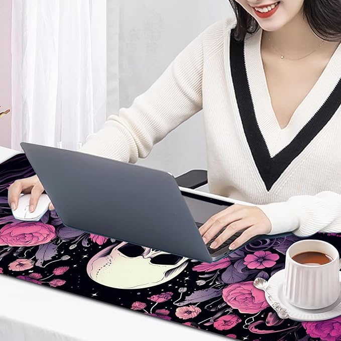 Large Mouse Pad, 31.5 x 11.8in Extended Gaming Mouse Pad with Stitched Edges, XXL Mousepad Protector Non Slip Rubber Base for Office and Home Writing Mat, Skulls and Pink Flowers Black Desk Mat
