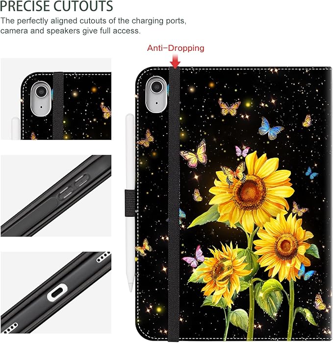 for iPad (A16) 11Th/10Th Generation Case 2025/2022, for iPad Case 11Th/10Th Generation, 10Th/11Th Gen iPadCase Cover Pencil Holder/Hand Strap/Pocket/Adjustable Stand, Butterfly Sunflower