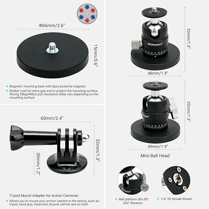 PROfezzion Magnetic Mount for GoPro, Strong Manget Base with Detachable 360° Rotation Ball Head for GoPro Hero 13/12/11/10/9/8/7/6, Insta360 X5/X4/X3/Ace/Ace Pro, DJI Osmo Action 5/4/3 Action Cameras