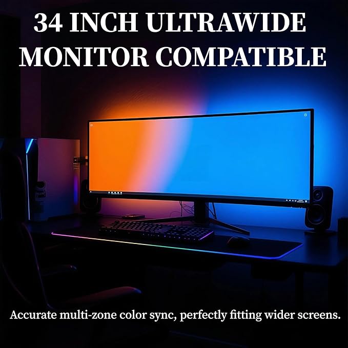 RGB Monitor Backlight for 34 Inch Ultrawide Monitors (21:9), Screen Sync Ambient Lighting Kit with Dual USB Power, Music Mode, Dynamic Gaming Lights for Curved Screens (4 Sides - 34 inch)