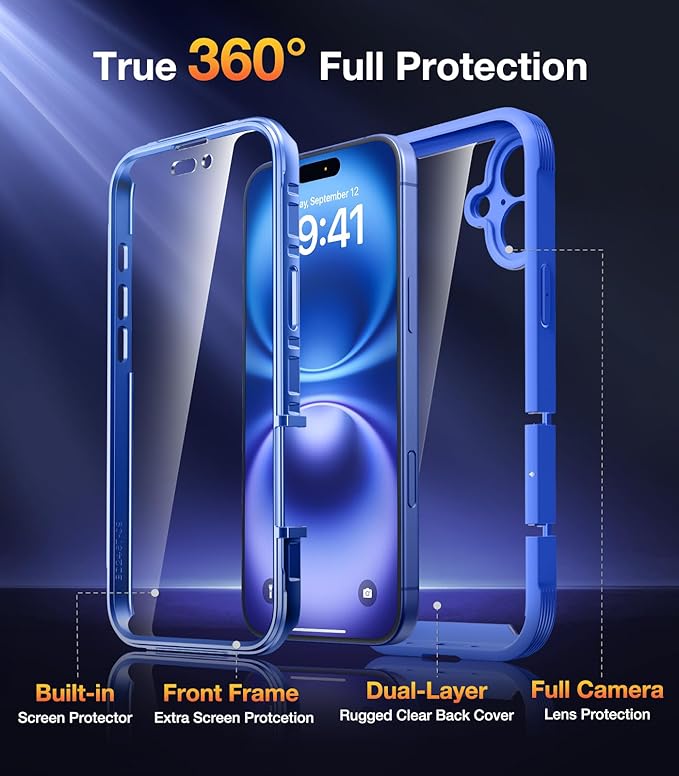 Diaclara Designed for iPhone 16 Case, Full Body Rugged Case with Built-in Touch Sensitive Anti-Scratch Screen Protector, Upgraded [Full Camera Protection] for iPhone 16 6.1" (Ultramarine) Blue
