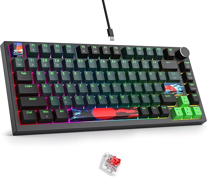 Fogruaden Wired 75% Percent Mechanical Keyboard Hot Swappable, Red Switch, RGB Backlit, 82 Keys TKL Mechanical Keyboard, NKRO Compact Gaming Keyboard, Volume Control Knob (Soundwave)