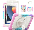 SEYMAC Kids Case for iPad 9th/8th/7th Generation 10.2", Full-Body Shockproof Heavy Duty Protective Case with Screen Protector, Rotating Stand/Handle/Shoulder Strap, Colorful Pink