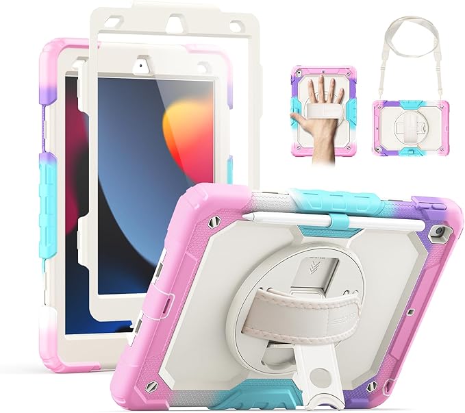 SEYMAC Kids Case for iPad 9th/8th/7th Generation 10.2", Full-Body Shockproof Heavy Duty Protective Case with Screen Protector, Rotating Stand/Handle/Shoulder Strap, Colorful Pink