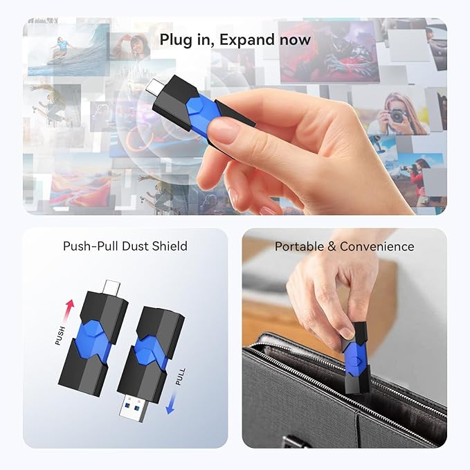 256GB USB Flash Drive, JUANWE USB 3.1 Thumb Drive 150MB/s High Speed Transfer, Dual Port USB Type-C & Type-A Memory Stick for Phone, Laptop, Tablet, Blue