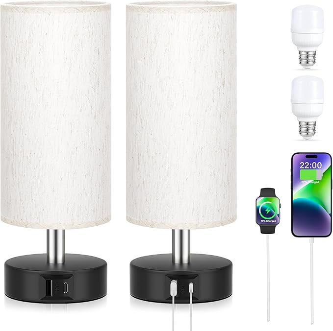 PartageiZ Small Touch Lamps Set of 2 - Table Lamps for Nightstand, Minimalist Bedside Lamps for Bedroom with 3000K Dimmable Bulbs