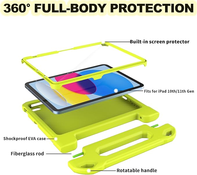 YIHE Kids Case for iPad (A16) 11th Generation 11 Inch 2025 & iPad 10th Generation 10.9 inch 2022, with Built-in Screen Protector and Handle Stand, Full Body Shockproof Protective Cover, LightYellow