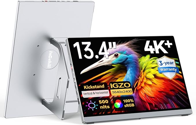 Intehill 4K Portable Monitor for Laptop, 13.4" IGZO Display with Full-Laminated Tempered Glass 500 Nits, 100% sRGB Portable Laptop Screen with Kickstand & Speakers, USB-C & HDMI Travel Monitor, U13ZC